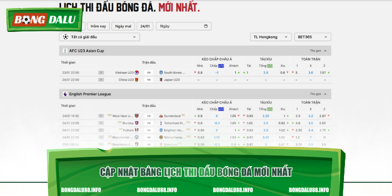 Cập nhật bảng lịch thi đấu bóng đá mới nhất